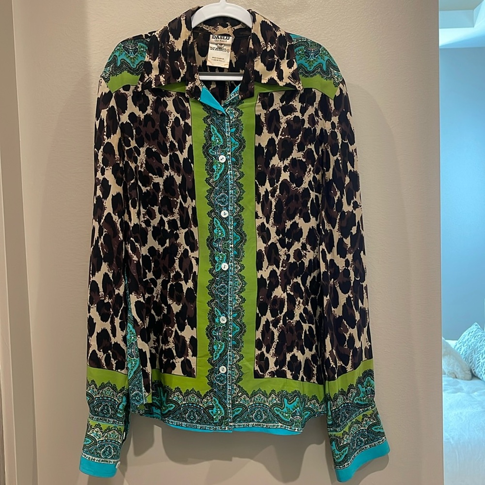 Leopard print blouse with rich paisley trim